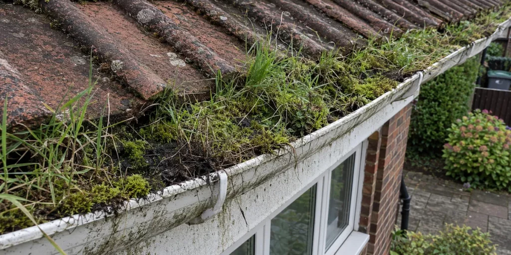 A high-angle view looking down into a residential uPVC gutter trough completely choked with thick moss and soil buildup due to a lack of property maintenance.