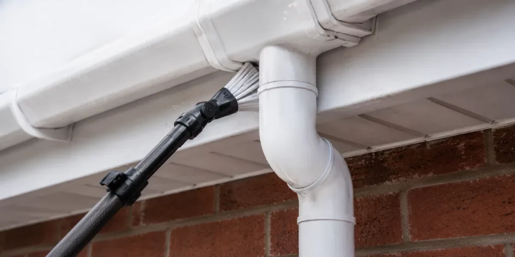 A close-up shot of a detailing brush meticulously cleaning around white uPVC gutter support brackets and swan-necks.