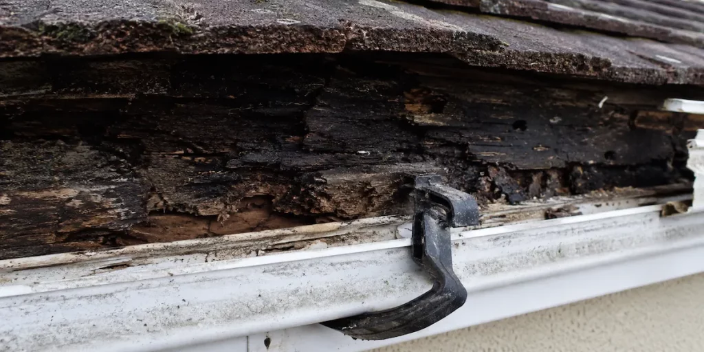 Close-up architectural photograph showing severe timber fascia board rot hidden behind a white uPVC profile, causing a black gutter support bracket to sag on a house in West Wiltshire.