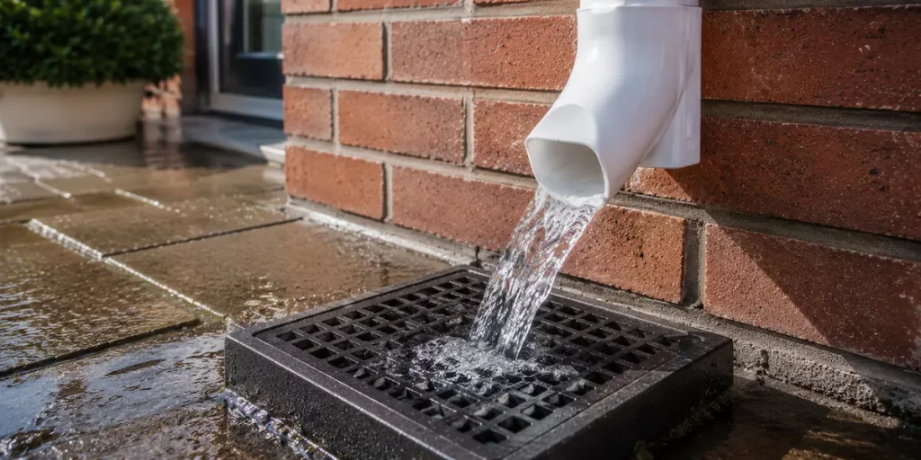 Clear water flushing smoothly through a clean uPVC gutter downpipe shoe during a final flow test.