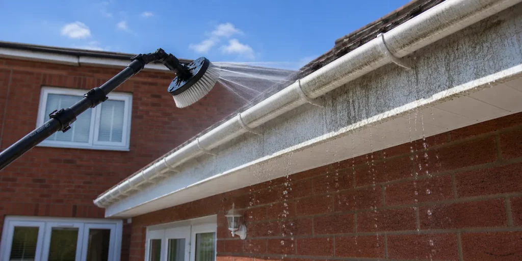A professional water-fed pole system rinsing and soaking white uPVC fascias and soffits on a house.