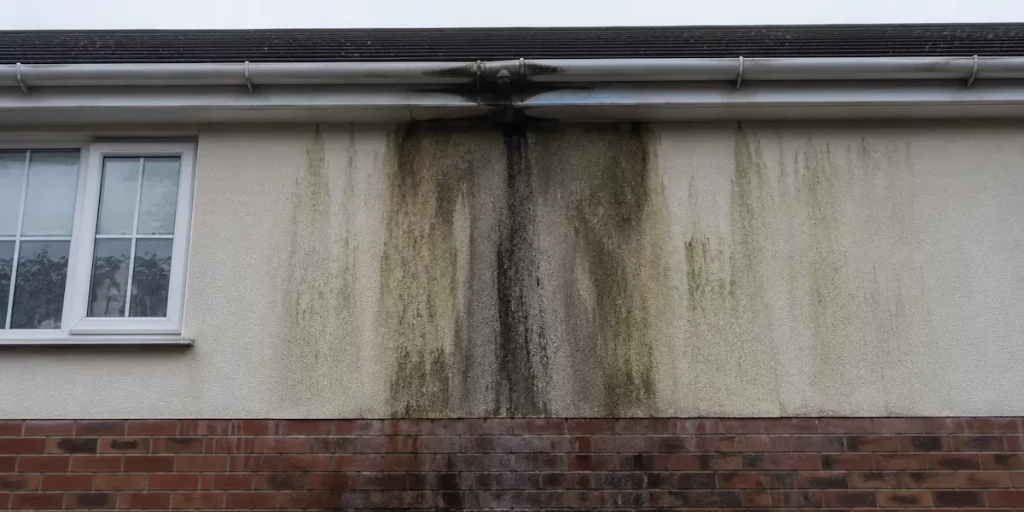 Dark water saturation stains and green algae trails running down an external cream rendered wall caused by a leaking, blocked gutter joint.