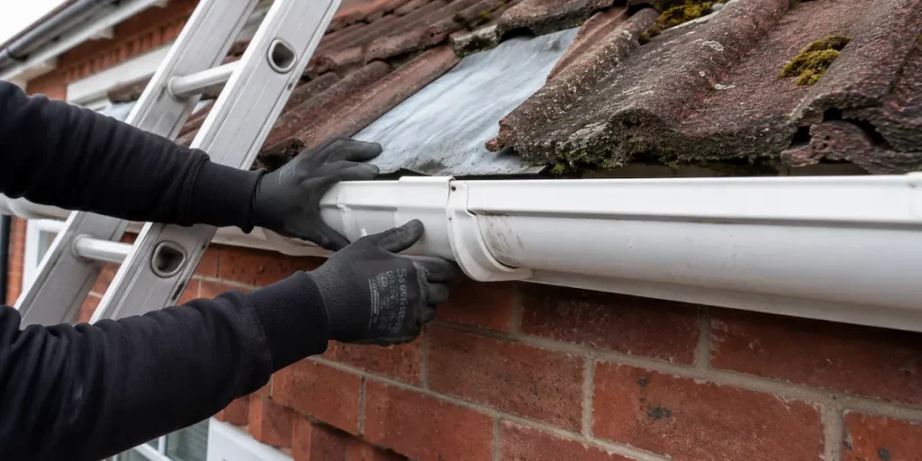 A gutter technician using an extension ladder to manually adjust a uPVC union joint and clear a downpipe drop.