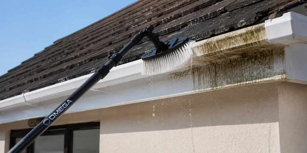 A specialized water-fed brush scrubbing algae and dirt from white uPVC gutters using purified water in West Wiltshire.