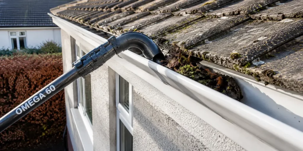 An industrial high-suction vacuum system removing wet leaves and moss from residential gutters in West Wiltshire.