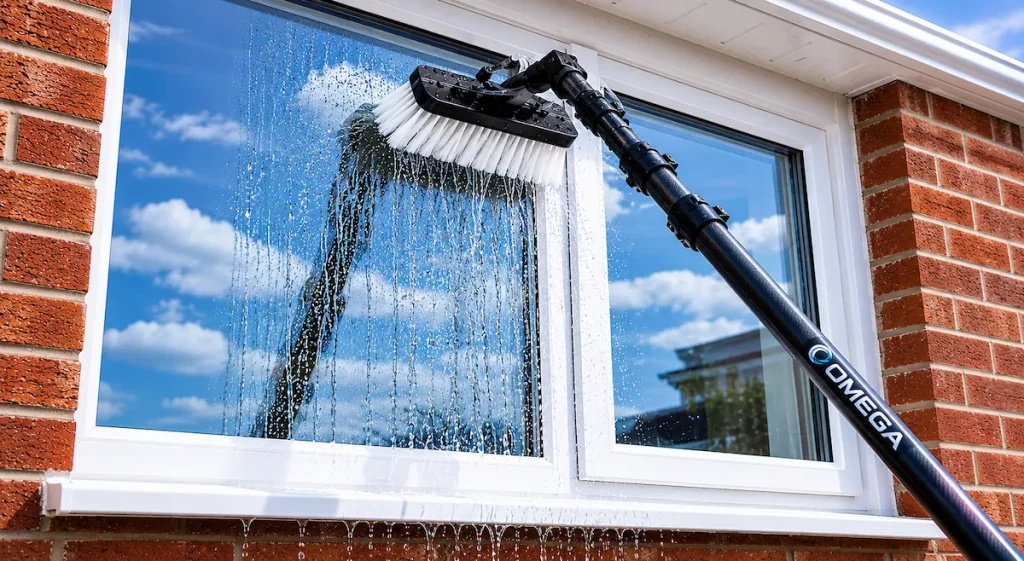 A water-fed window cleaning brush deep cleaning a residential window, uPVC frame, and sill to a perfect finish.